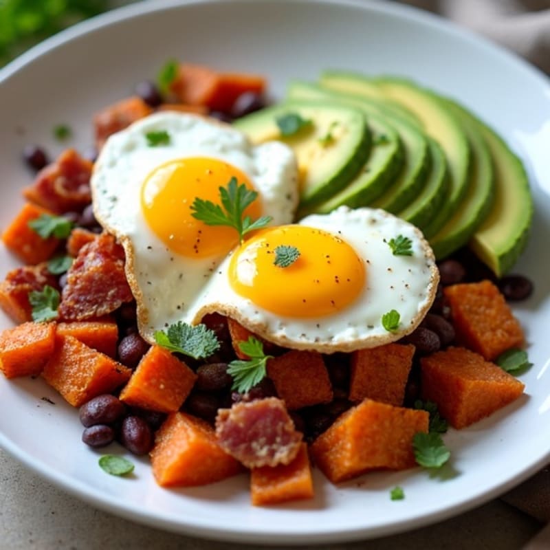 Crispy Sweet Potato Hash with Poached Eggs and Avocado
