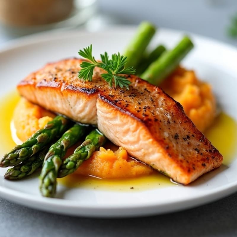 Seared Salmon Fillet with Roasted Asparagus and Sweet Potato Mash