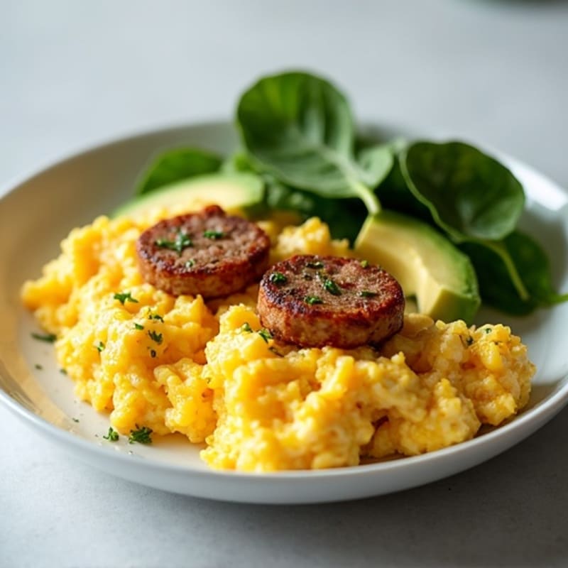 Scrambled Eggs with Cottage Cheese and Sautéed Turkey Sausage