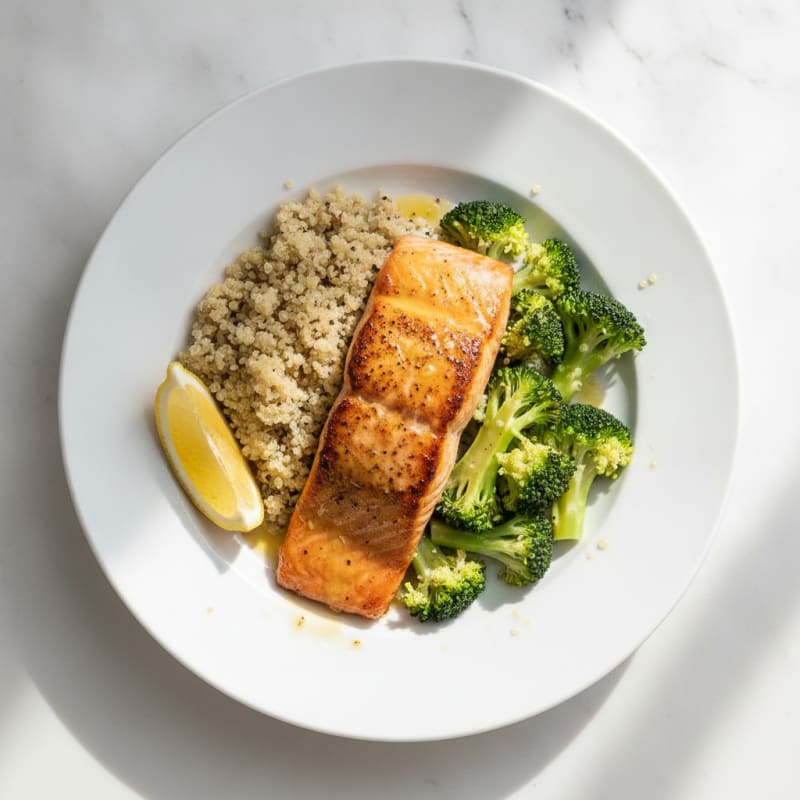 Seared Salmon Fillet with Steamed Broccoli and Quinoa Pilaf