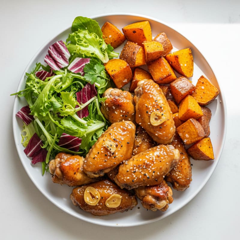Honey-Soy Glazed Chicken Wings with Roasted Japanese Sweet Potatoes