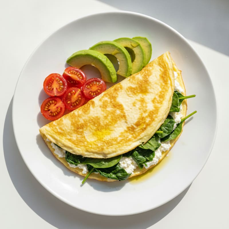 Egg White Spinach Omelet with Cottage Cheese and Cherry Tomatoes