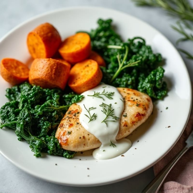 Creamy Garlic Herb Chicken with Silky Spinach and Roasted Sweet Potatoes