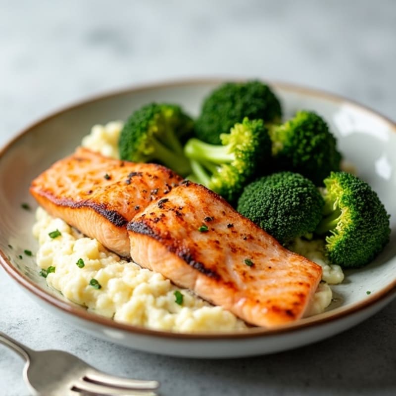 Seared Salmon with Roasted Broccoli and Garlic Mashed Cauliflower