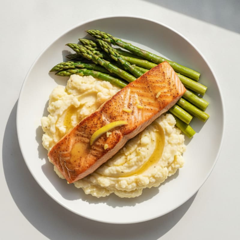Seared Salmon with Steamed Asparagus and Garlic Mashed Cauliflower