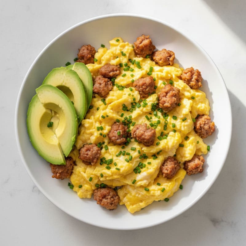 Creamy Scrambled Eggs with Turkey Sausage and Avocado