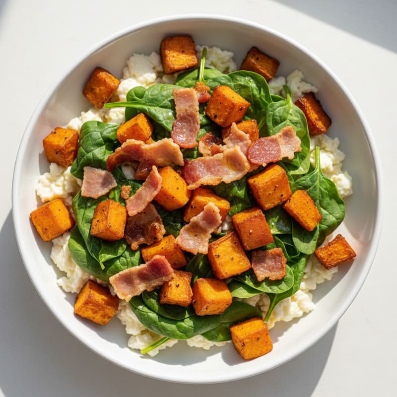 Crispy Turkey Bacon and Egg White Breakfast Bowl with Roasted Sweet Potatoes