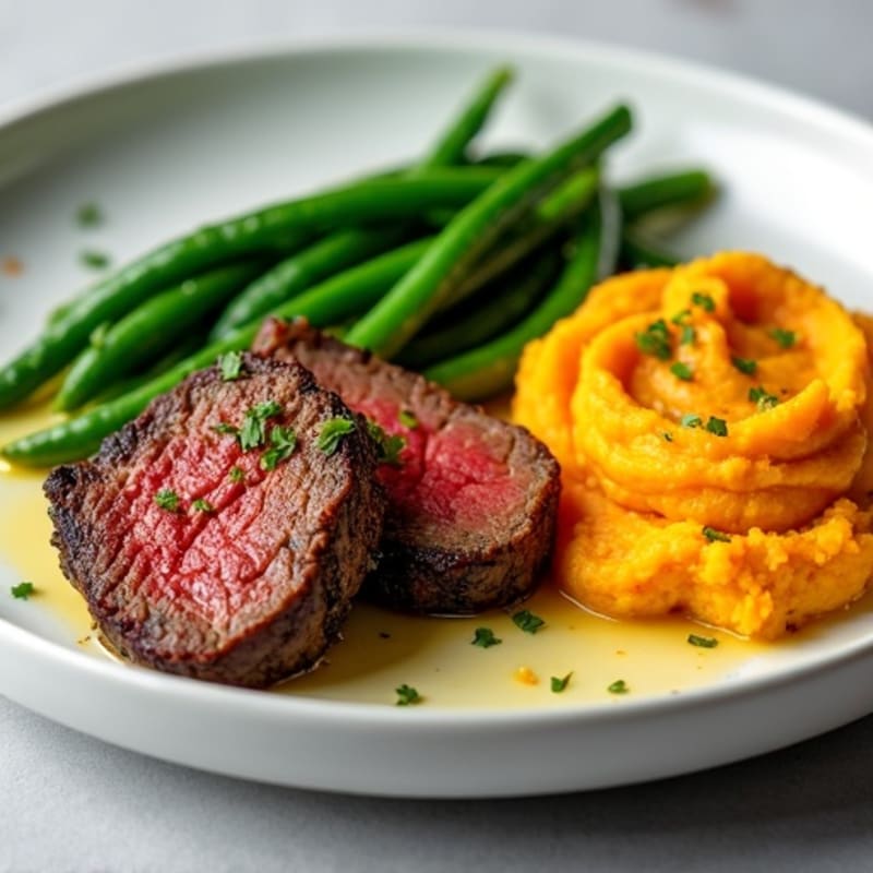 Seared Lean Beef with Steamed Green Beans and Mashed Sweet Potatoes