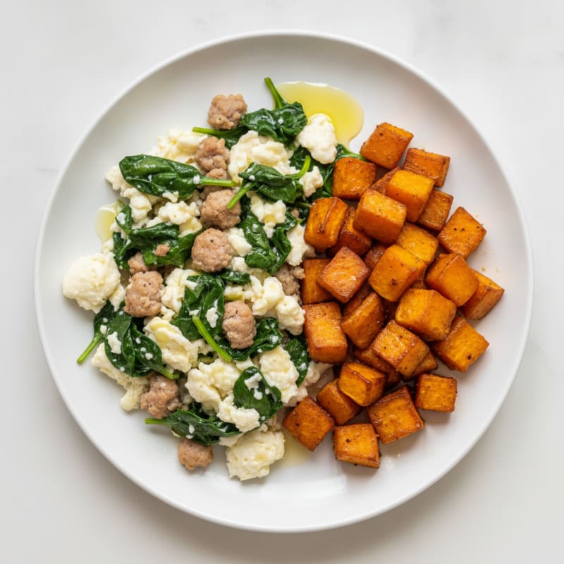 Egg White and Turkey Sausage Scramble with Spinach and Roasted Sweet Potatoes