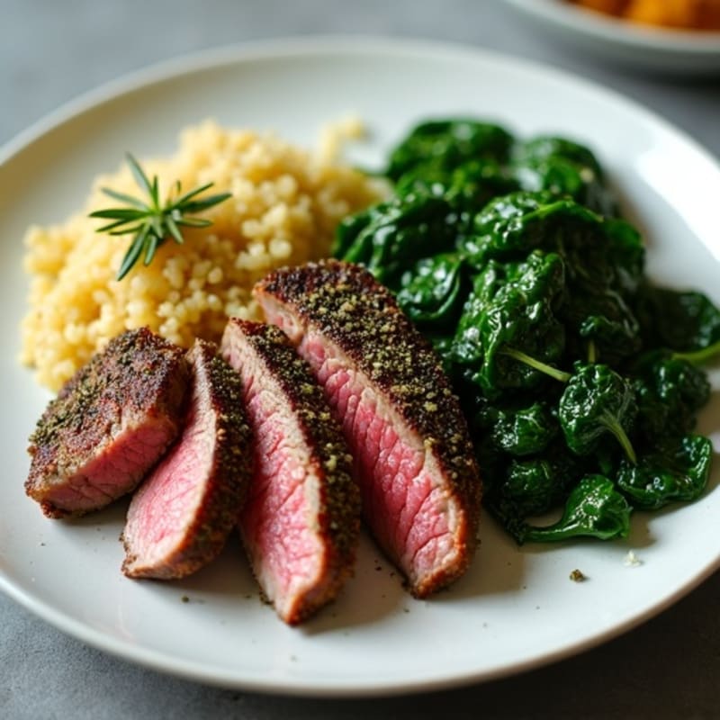 Herb-Crusted Pan-Seared Steak with Garlic Quinoa and Wilted Spinach