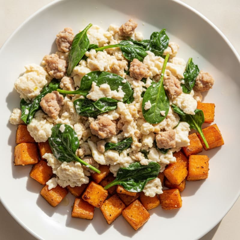 Egg White and Turkey Sausage Scramble with Spinach and Roasted Sweet Potato