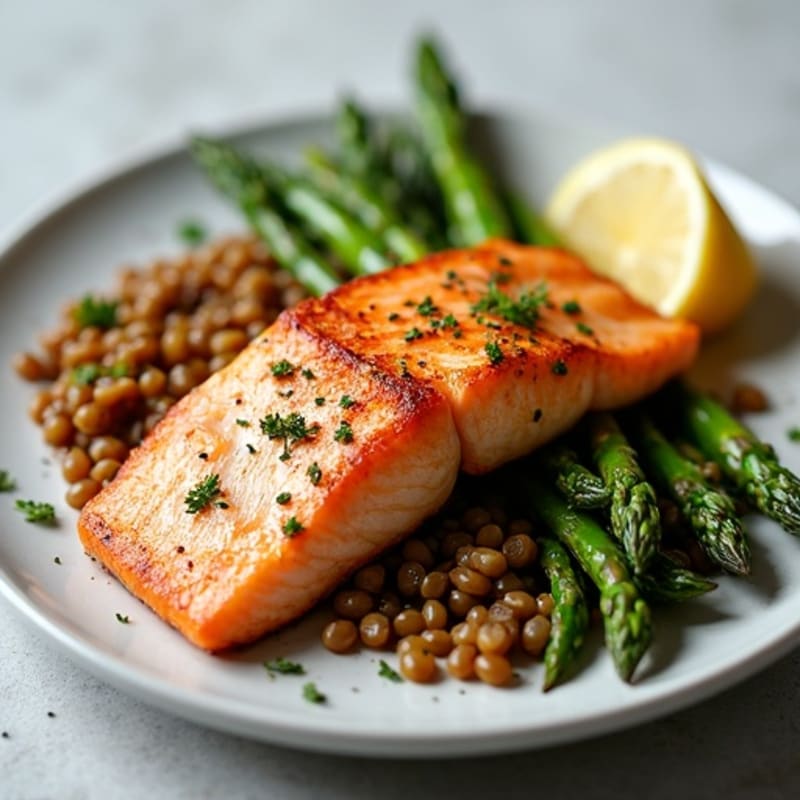 Seared Salmon Fillet with Roasted Asparagus and Lentils