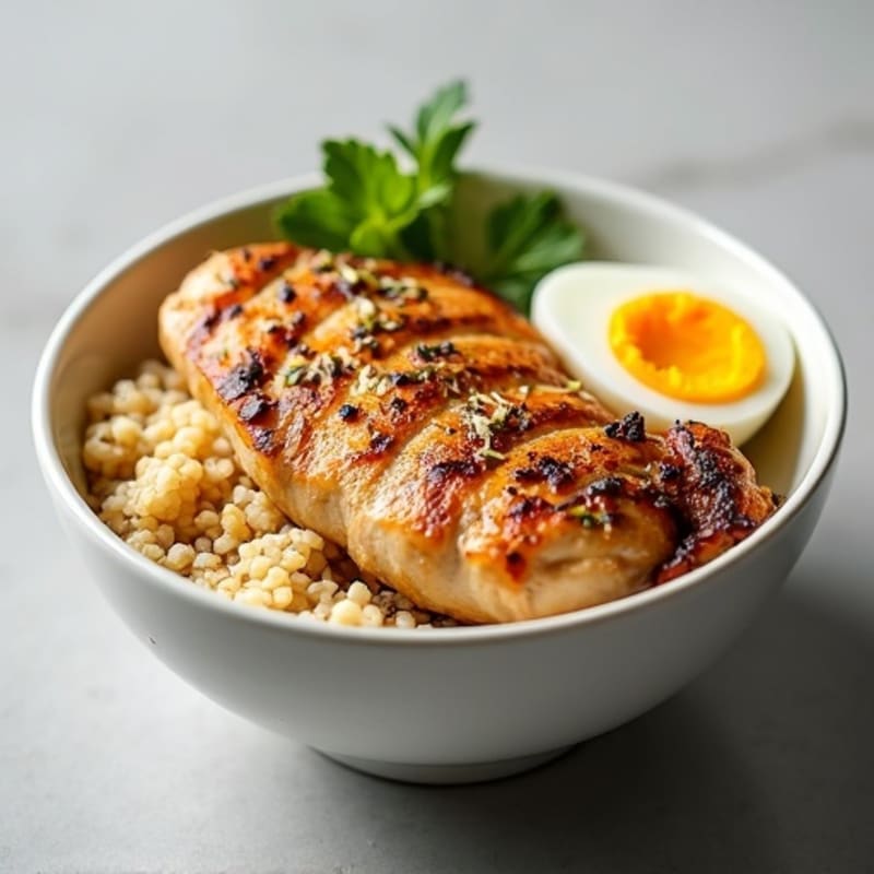 Grilled Chicken and Rice Bowl with Hard-Boiled Egg & Toasted Oats