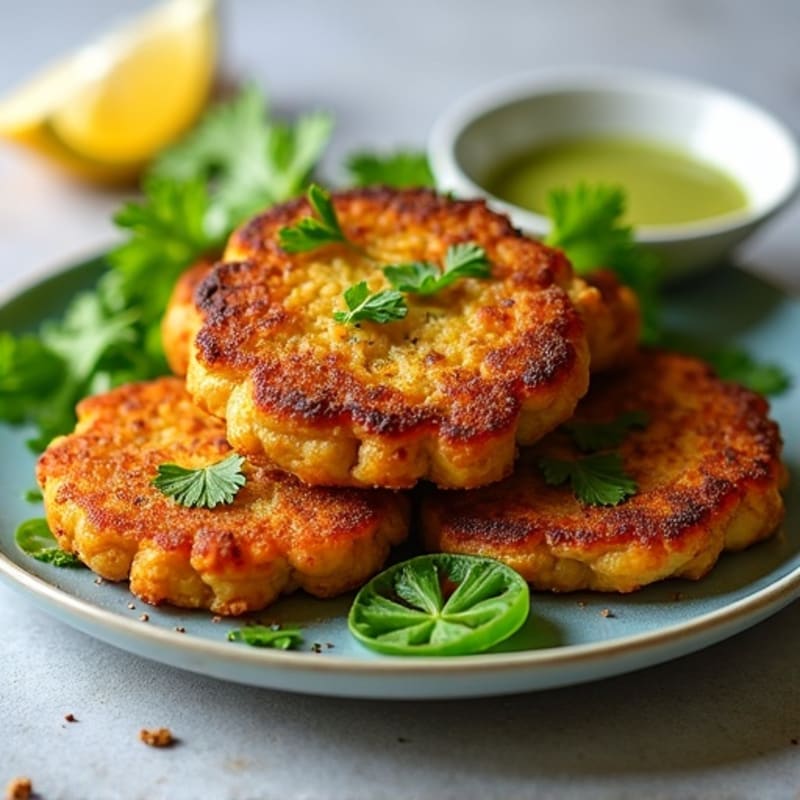 Crispy Baked Spiced Lentil and Potato Cakes with Fresh Cilantro Chutney