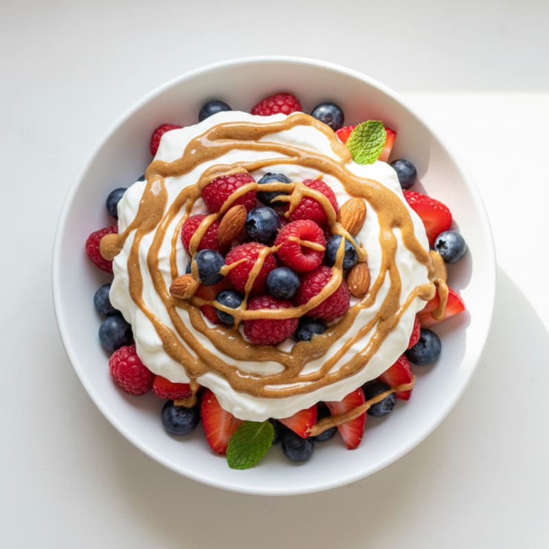 Greek Yogurt Protein Parfait with Almond Butter and Mixed Berries