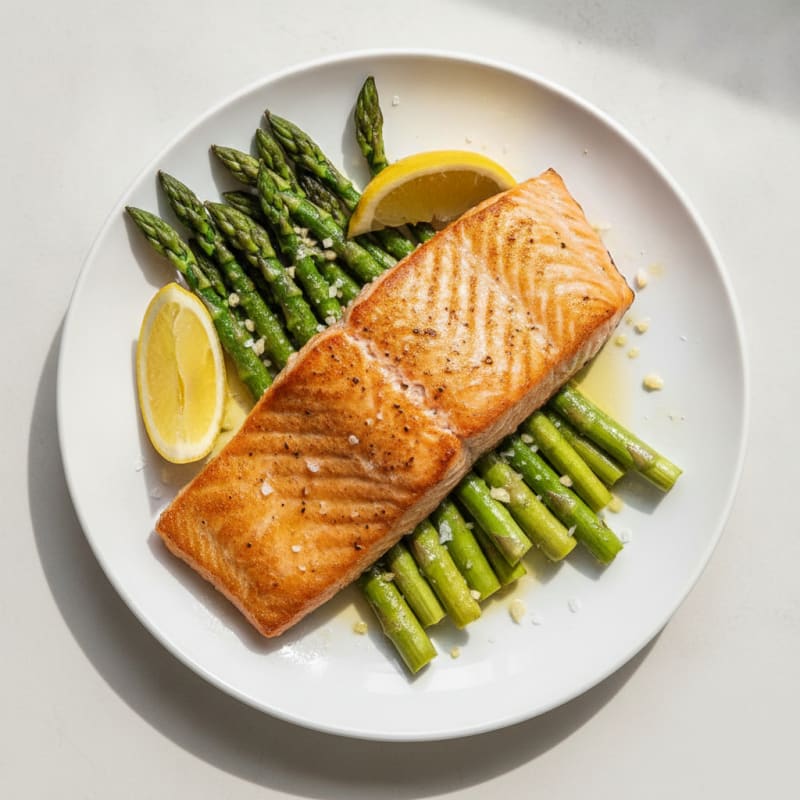 Seared Salmon Fillet with Roasted Asparagus and Lemon