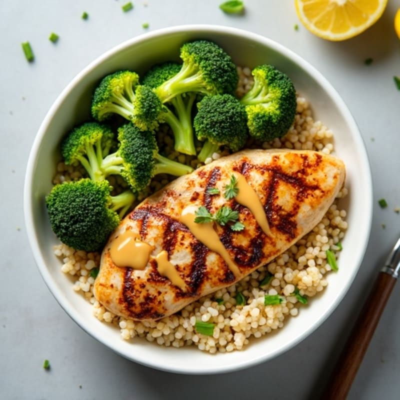 Grilled Chicken Quinoa Bowl with Crunchy Broccoli and Lemon Tahini Drizzle