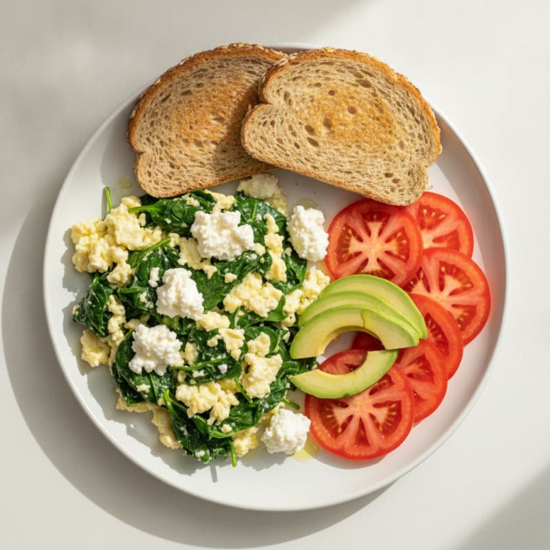 Egg White Spinach Scramble with Cottage Cheese and Sliced Tomatoes