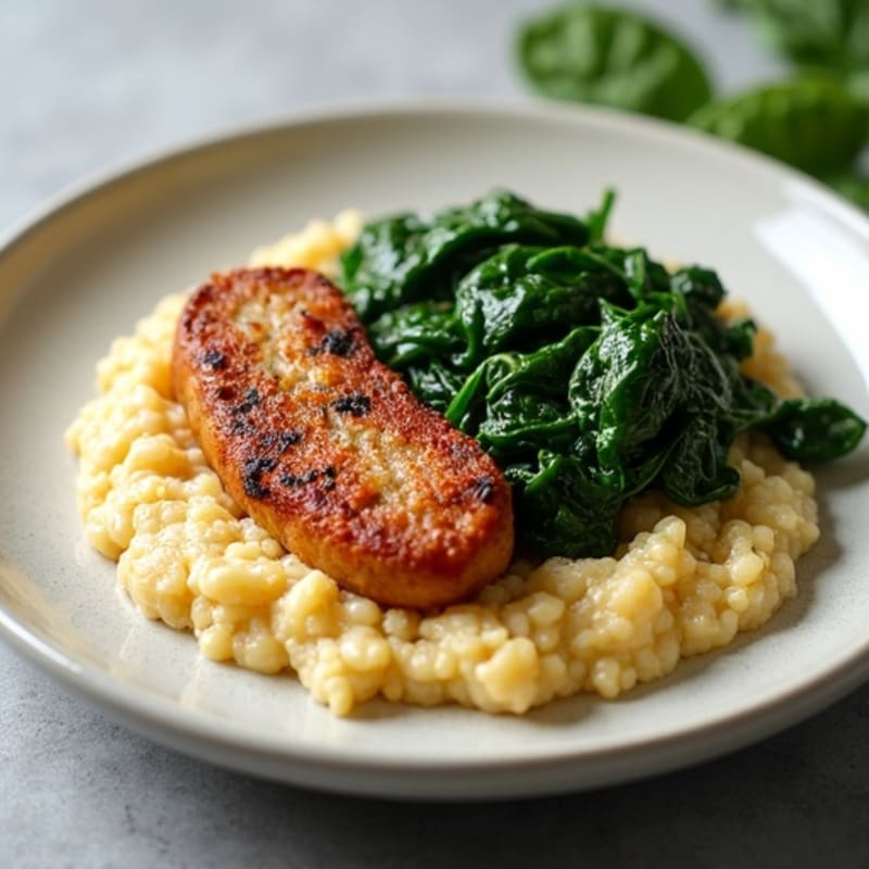 Creamy Whole Grain Grits with Savory Chicken Sausage and Wilted Spinach