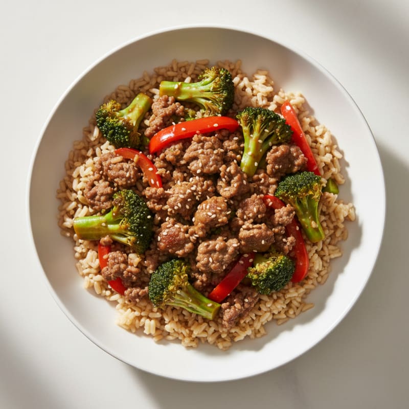 Ground Beef and Vegetable Stir Fry with Brown Rice
