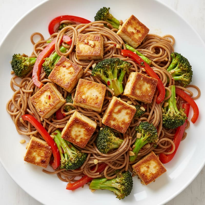 Spicy Tofu and Vegetable Stir Fry with Brown Rice Noodles
