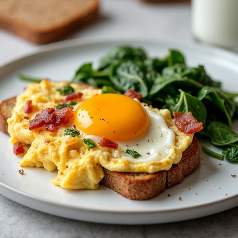Crispy Turkey Bacon Egg White Scramble with Sautéed Spinach