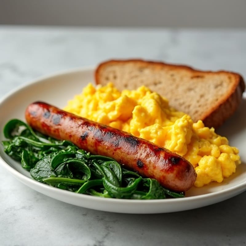 Scrambled Eggs with Turkey Sausage and Sautéed Spinach