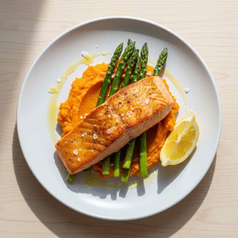 Seared Salmon Fillet with Roasted Asparagus and Sweet Potato Mash