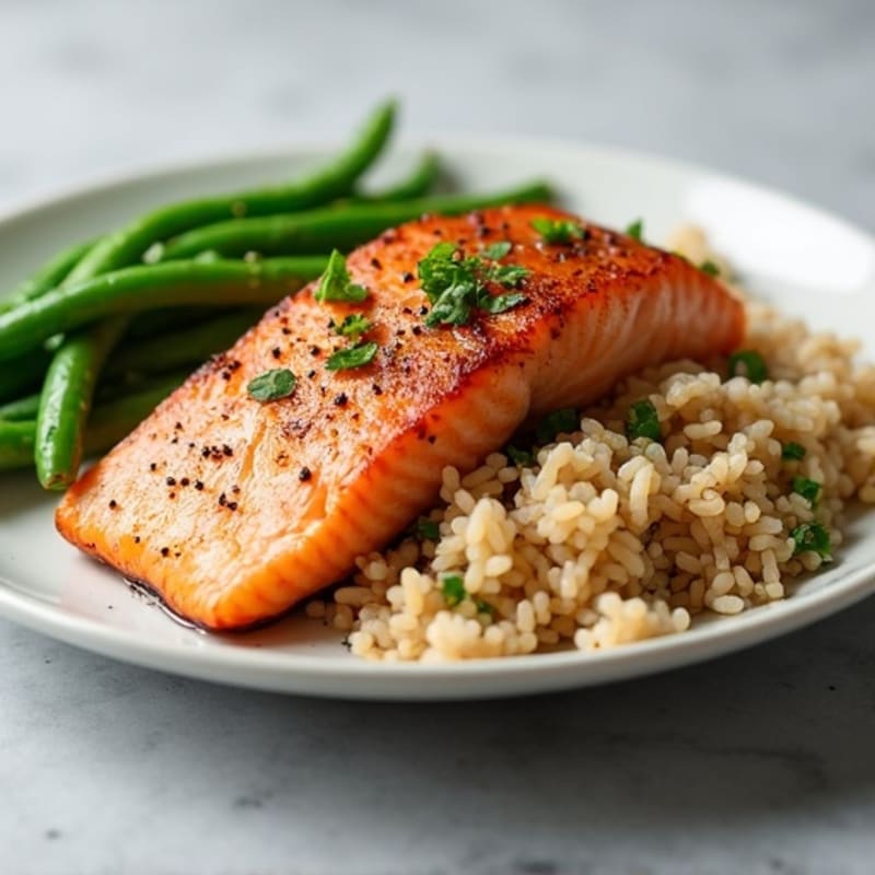 Seared Salmon with Garlic Green Beans and Brown Rice