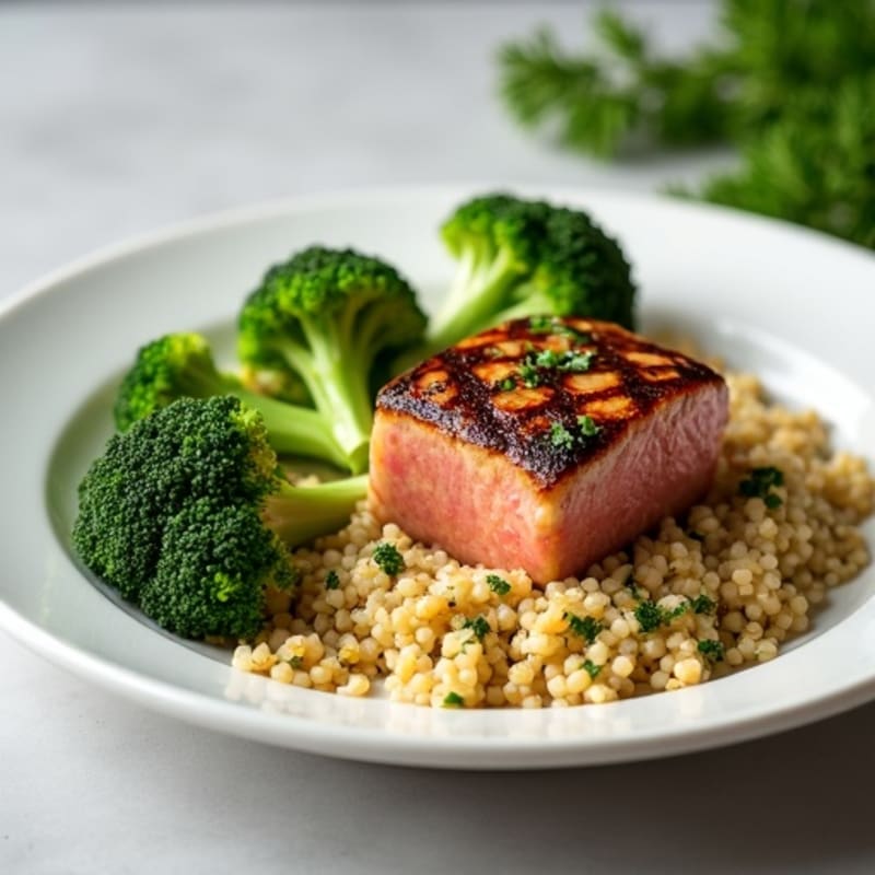 Seared Tuna Steak with Steamed Broccoli and Quinoa