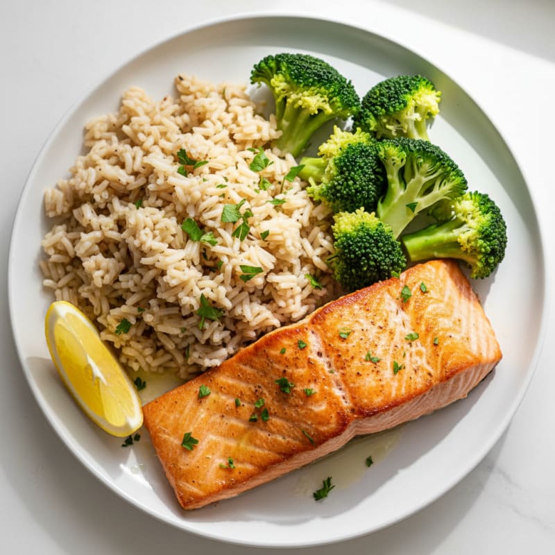 Seared Salmon with Steamed Broccoli and Herbed Brown Rice