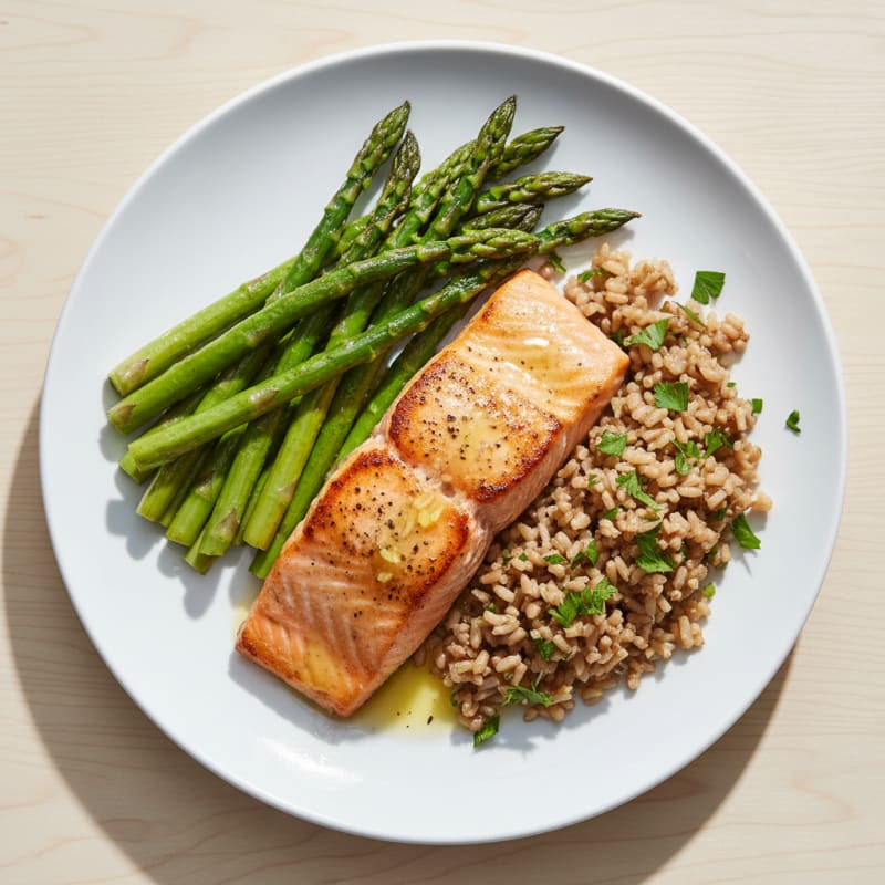 Seared Salmon Fillet with Roasted Asparagus and Herbed Brown Rice