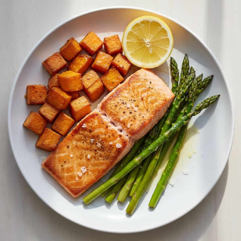 Seared Salmon Fillet with Roasted Sweet Potato and Asparagus