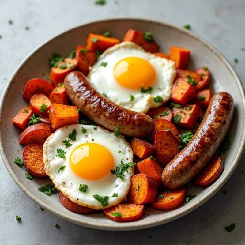 Sheet Pan Roasted Sweet Potato and Chicken Sausage with Sunny-Side Up Eggs
