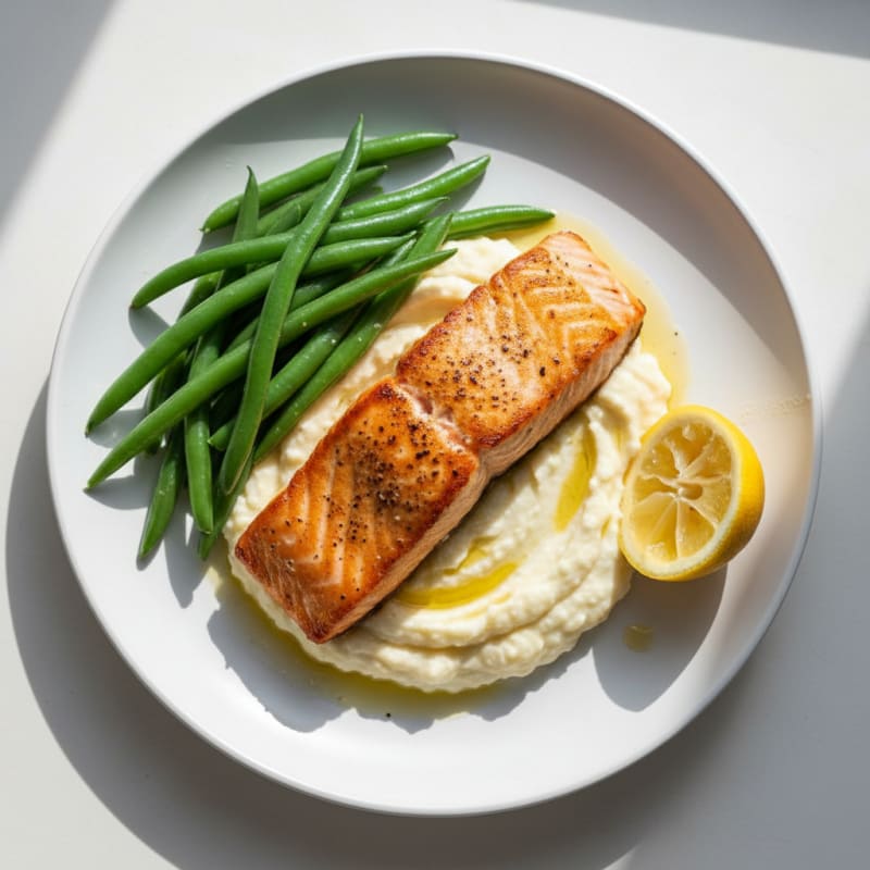 Seared Salmon Fillet with Steamed Green Beans and Garlic Mashed Cauliflower