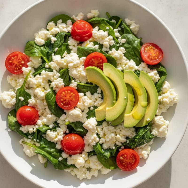 Cottage Cheese and Egg White Scramble with Spinach and Cherry Tomatoes