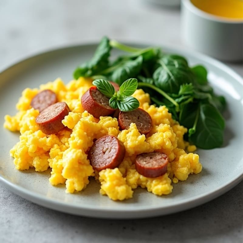 Scrambled Eggs with Turkey Sausage and Spinach