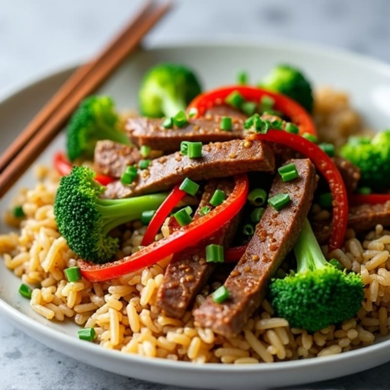 Garlic-Ginger Beef Stir-fry with Crispy Broccoli and Brown Rice