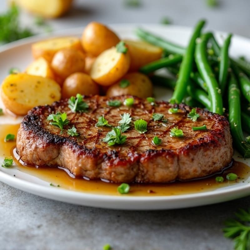 Pan-Seared Garlic Butter Steak with Crispy Roasted Potatoes and Fresh Green Beans