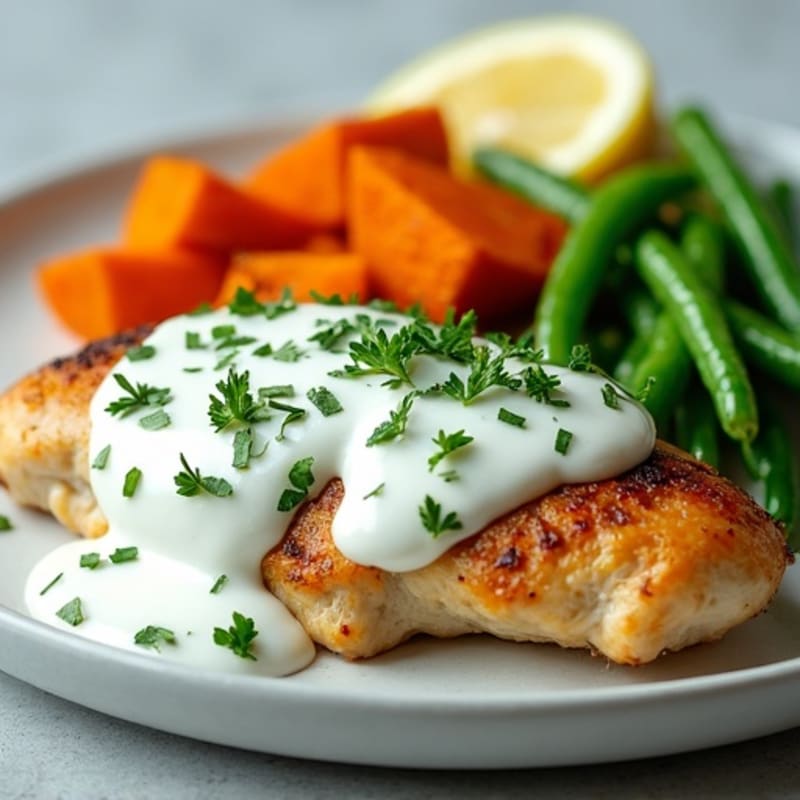 Creamy Herb Chicken with Roasted Sweet Potatoes and Crispy Green Beans