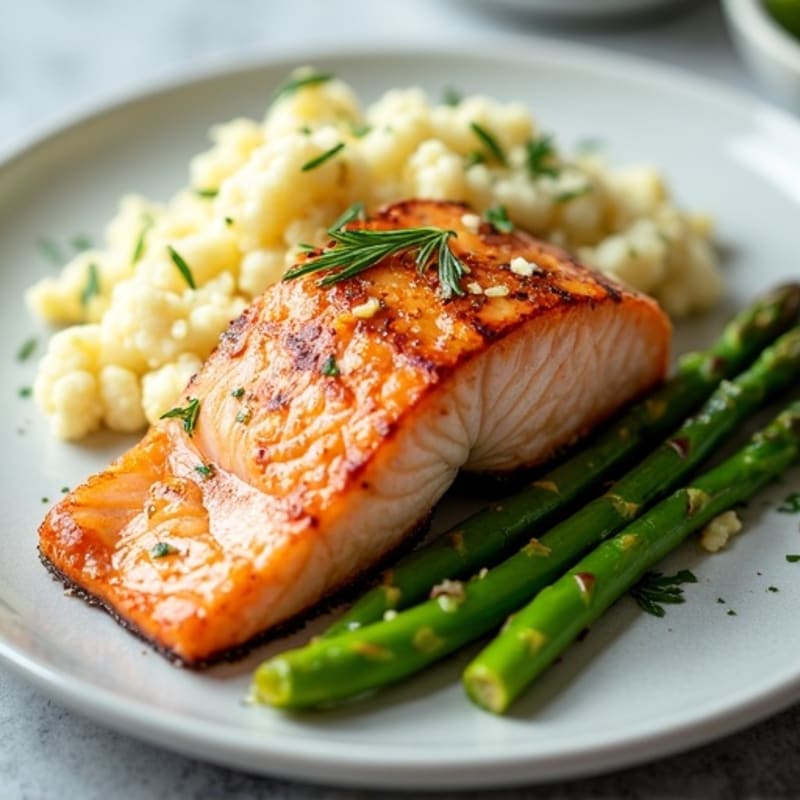 Seared Salmon Fillet with Steamed Asparagus and Garlic Mashed Cauliflower