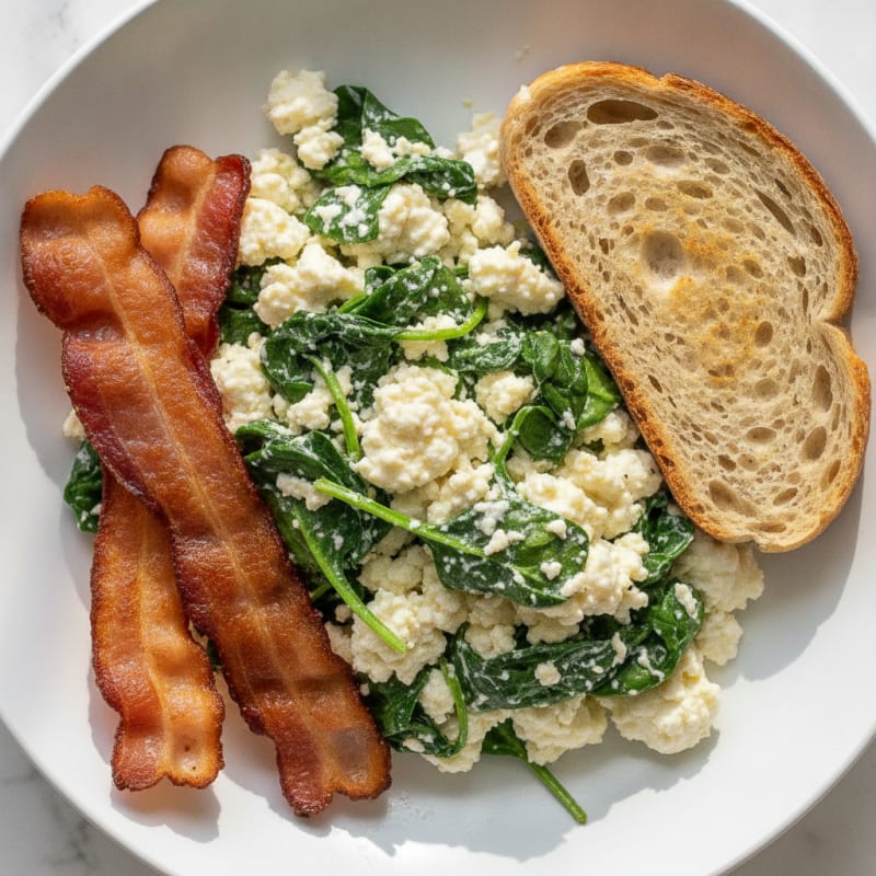 Egg White Spinach Scramble with Cottage Cheese and Turkey Bacon