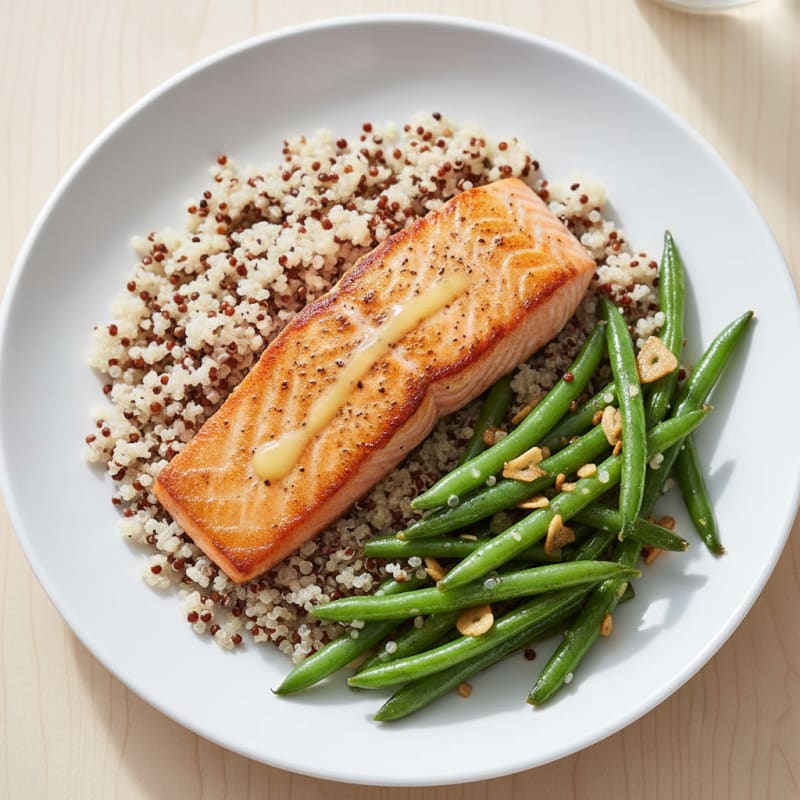 Seared Salmon with Garlic Green Beans and Quinoa