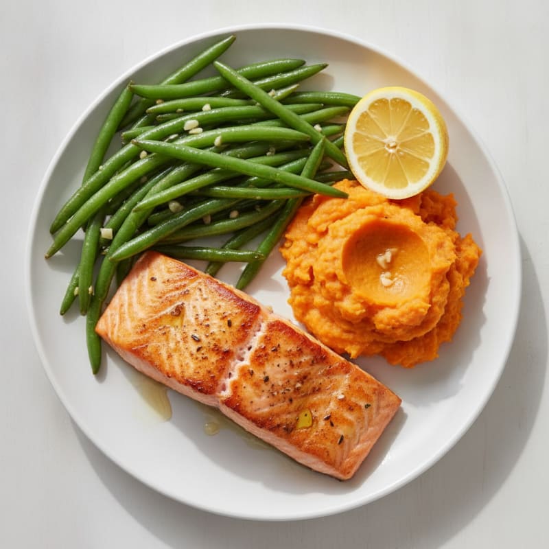 Seared Salmon with Garlicky Green Beans and Sweet Potato Mash