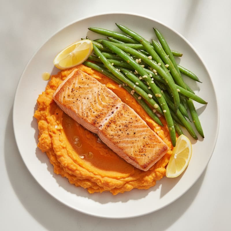 Seared Salmon with Garlic Green Beans and Sweet Potato Mash
