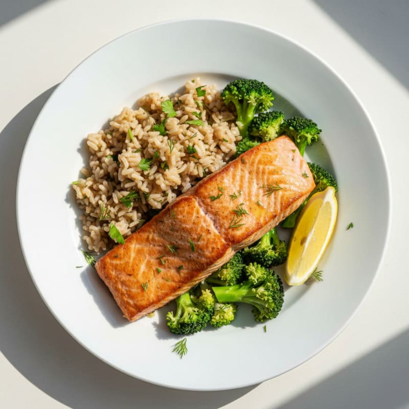 Seared Salmon Fillet with Herbed Rice and Steamed Broccoli