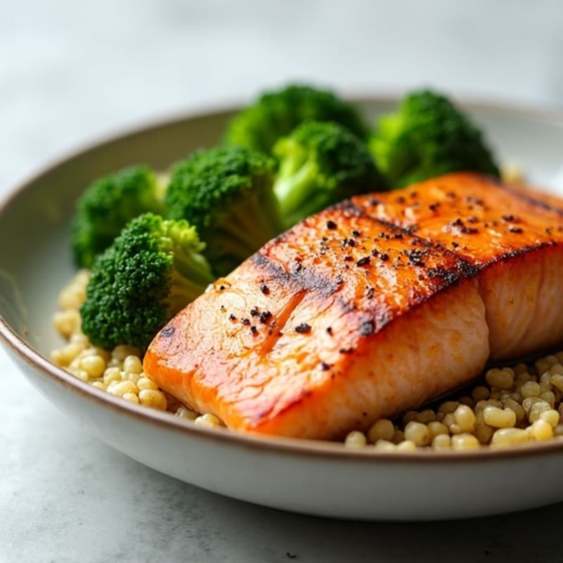Seared Salmon Fillet with Steamed Broccoli and Quinoa