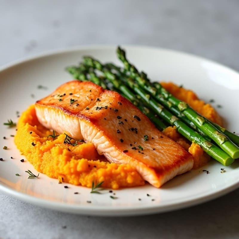 Seared Salmon with Steamed Asparagus and Sweet Potato Mash