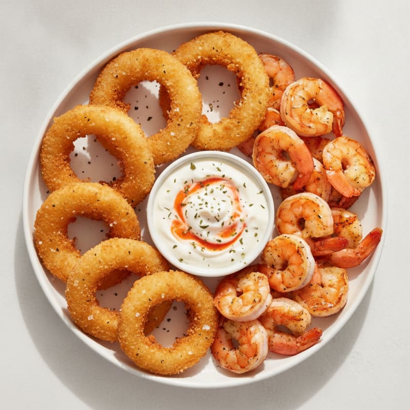 Beer-Battered Onion Rings with Zesty Dip and Grilled Shrimp