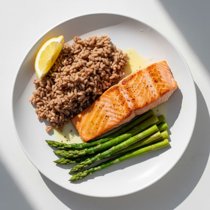 Seared Salmon Fillet with Steamed Asparagus and Brown Rice